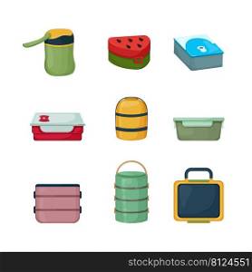 lunch food box, school lunchbox, healthy sandwich, snack meal, plastic bag cartoon icons set vector illustrations. lunch food box cartoon icons set vector