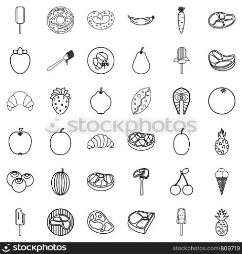 Lunch icons set. Outline style of 36 lunch vector icons for web isolated on white background. Lunch icons set, outline style
