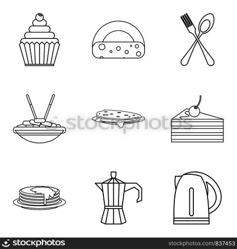 Lunch in dining room icons set. Outline set of 9 lunch in dining room vector icons for web isolated on white background. Lunch in dining room icons set, outline style