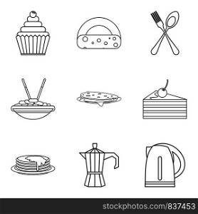 Lunch in dining room icons set. Outline set of 9 lunch in dining room vector icons for web isolated on white background. Lunch in dining room icons set, outline style