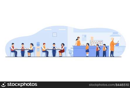 Lunch in school cafeteria concept. Teen boys and girls eating in school canteen or cafe, standing at counter for buying food. For catering, buffet, school break, facilities topics