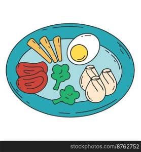 Lunch portion of dim sum, egg, meat and broccoli. Traditional Asian food vector illustration. Chinese cuisine ingredients set. Lunch portion of dim sum, egg, meat and broccoli