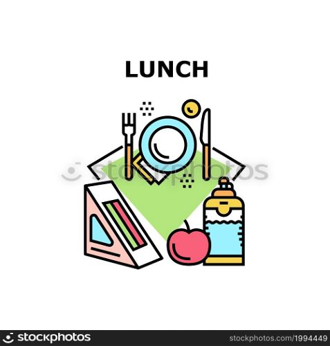 Lunch Snack Vector Icon Concept. Sandwich With Meat Or Fish Fillet With Bread, Vitamin Apple Fruit And Juice Drink Bottle Lunch Snack. Delicious Food Eating In Cafe Or Restaurant Color Illustration. Lunch Snack Vector Concept Color Illustration