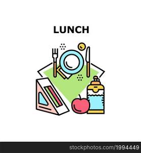 Lunch Snack Vector Icon Concept. Sandwich With Meat Or Fish Fillet With Bread, Vitamin Apple Fruit And Juice Drink Bottle Lunch Snack. Delicious Food Eating In Cafe Or Restaurant Color Illustration. Lunch Snack Vector Concept Color Illustration