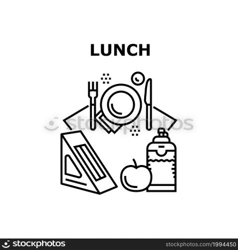 Lunch Snack Vector Icon Concept. Sandwich With Meat Or Fish Fillet With Bread, Vitamin Apple Fruit And Juice Drink Bottle Lunch Snack. Delicious Food Eating In Cafe Or Restaurant Black Illustration. Lunch Snack Vector Concept Black Illustration