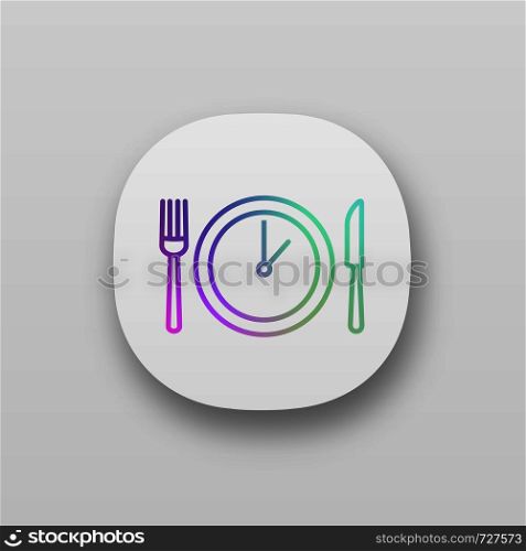Lunch time app icon. Dinner break. Afternoon business meeting. Business lunch timing and duration. Table knife, fork and plate with clock inside. UI/UX user interface. Vector isolated illustration. Lunch time app icon