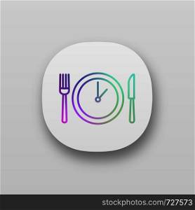 Lunch time app icon. Dinner break. Afternoon business meeting. Business lunch timing and duration. Table knife, fork and plate with clock inside. UI/UX user interface. Vector isolated illustration. Lunch time app icon