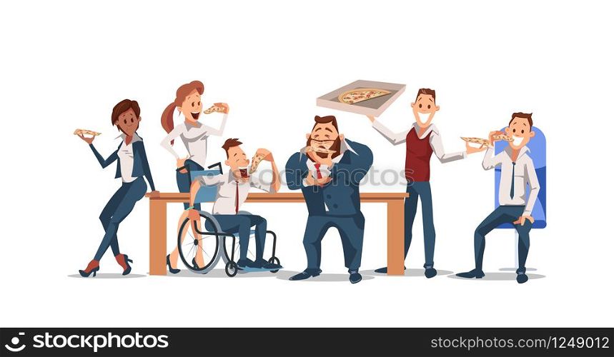 Lunch Time Concept. Coworkers having Break for Lunch with Pizza. Office Fun. Happy Workers in Workplace. People Work in Office. Corporate culture in Office Space. Vector Flat Illustration.. Lunch Time at Office. Vector Illustration.