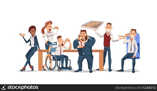 Lunch Time Concept. Coworkers having Break for Lunch with Pizza. Office Fun. Happy Workers in Workplace. People Work in Office. Corporate culture in Office Space. Vector Flat Illustration.. Lunch Time at Office. Vector Illustration.