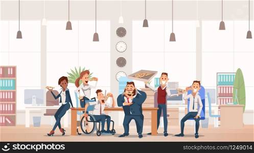 Lunch Time Concept. Coworkers having Break for Lunch with Pizza. Office Fun. Happy Workers in Workplace. People Work in Office. Corporate culture in Office Space. Vector Flat Illustration.. Lunch Time at Office. Vector Illustration.