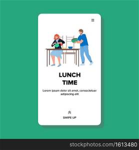 Lunch Time Have People At Restaurant Table Vector. Man And Woman Eating Delicious Food And Drinking Hot Drink At Lunch Time. Characters Resting In Cafe Together Web Flat Cartoon Illustration. Lunch Time Have People At Restaurant Table Vector