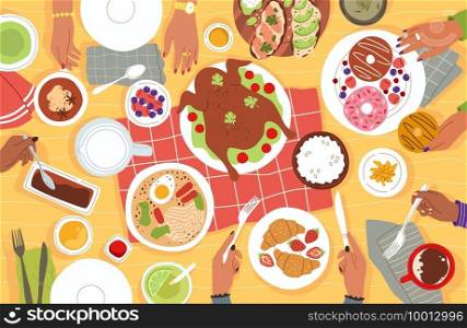 Lunch top view. Cartoon group of people having dinner at home or in restaurant. Table full of plates with food. Human hands holding cutlery. Characters eating desserts and turkey. Vector dining scene. Lunch top view. Cartoon people having dinner at home or in restaurant. Table full of plates with food. Hands holding cutlery. Characters eating desserts and turkey. Vector dining scene