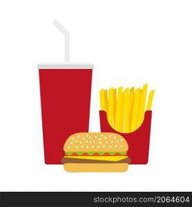 Lunch with french fries, burger and soda on isolated background. Fast food. Flat design. Vector Illustration
