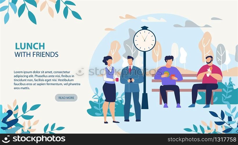Lunch with Friends. People Talking, Eating Fast Food and Drinking Coffee during Work Break. Public City Park Landscape. Friendship and Informal Meeting. Motivate Webpage Banner. Vector Illustration. Lunch with Friends Design Motivate Webpage Banner
