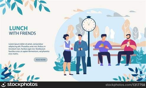 Lunch with Friends. People Talking, Eating Fast Food and Drinking Coffee during Work Break. Public City Park Landscape. Friendship and Informal Meeting. Motivate Webpage Banner. Vector Illustration. Lunch with Friends Design Motivate Webpage Banner
