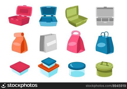 Lunchbox collection. Cartoon containers, disposable paper bags and plastic storage for snacks meal healthy daily food, lunch to go concept. Vector set empty lunchbox collection illustration. Lunchbox collection. Cartoon containers, disposable paper bags and plastic storage for snacks meal healthy daily food, lunch to go concept. Vector set