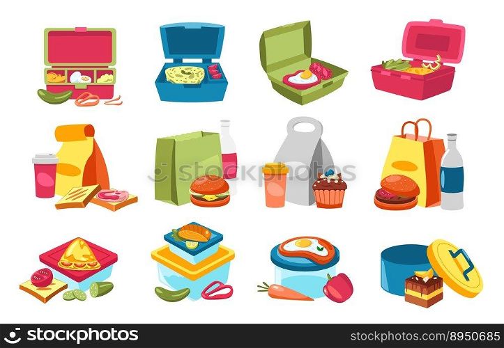 Lunchbox food. Containers with homemade snack, vegetables and fruits cartoon style, colorful healthy meal zero waste concept. Vector flat collection of lunch box homemade. Lunchbox food. Containers with homemade snack, vegetables and fruits cartoon style, colorful healthy meal zero waste concept. Vector flat collection