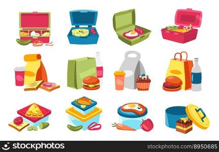 Lunchbox food. Containers with homemade snack, vegetables and fruits cartoon style, colorful healthy meal zero waste concept. Vector flat collection of lunch box homemade. Lunchbox food. Containers with homemade snack, vegetables and fruits cartoon style, colorful healthy meal zero waste concept. Vector flat collection