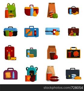 Lunchbox food icons set. Flat illustration of 16 lunchbox food vector icons isolated on white. Lunchbox food icons set vector isolated