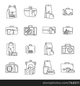 Lunchbox food icons set. Outline illustration of 16 lunchbox food vector icons for web. Lunchbox food icons set, outline style