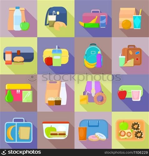 Lunchbox icon set. Flat set of lunchbox vector icons for web design. Lunchbox icon set, flat style