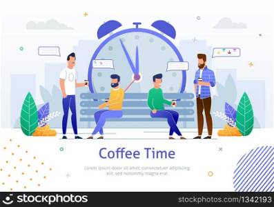 Lunchtime at Work Banner Vector Illustration. Team of Young Workers Having Short Break Time during Working Day, Enjoy Time Together, Drinking Cup of Coffee or Tea, Chatting and Smiling.. Team of Young Workers Having Short Break Time.