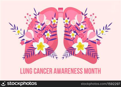 Lung cancer awareness month concept vector. Pulmonary fibrosis, tuberculosis illustration for website, app, banner. Internal organ with tropical flower and leaves.. Lung cancer awareness month concept vector. Pulmonary fibrosis, tuberculosis illustration for website, app, banner. Internal organ with tropical flower