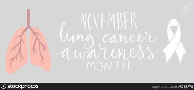 Lung cancer awareness month Novermber handwritten lettering. White support ribbon. Web banner vector template. Lung cancer awareness month Novermber handwritten lettering. White support ribbon. Web banner vector