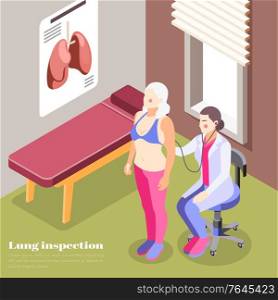Lung inspection background with diagnostic and treatment symbols isometric vector illustration