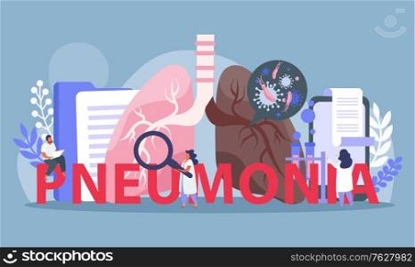 Lung inspection flat composition with images of lungs with medical lab equipment and characters of doctors vector illustration