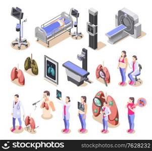 Lung inspection icons set with treatment symbols isometric isolated vector illustration