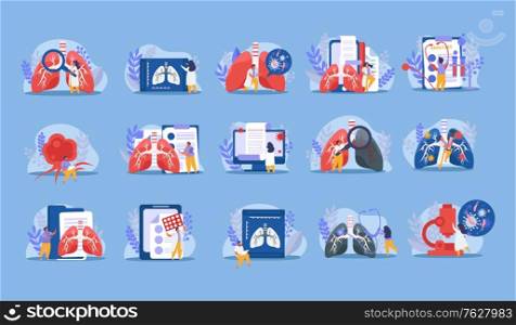 Lung inspection xray stethoscope medicine analysis flat icons set isolated on blue background vector illustration