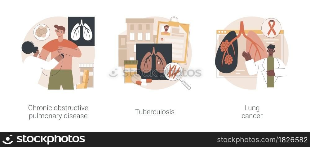 Lung issues abstract concept vector illustration set. Chronic obstructive pulmonary disease, tuberculosis and lung cancer, chronic bronchitis, emphysema, fighting disease abstract metaphor.. Lung issues abstract concept vector illustrations.