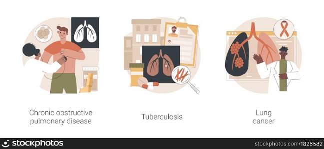 Lung issues abstract concept vector illustration set. Chronic obstructive pulmonary disease, tuberculosis and lung cancer, chronic bronchitis, emphysema, fighting disease abstract metaphor.. Lung issues abstract concept vector illustrations.