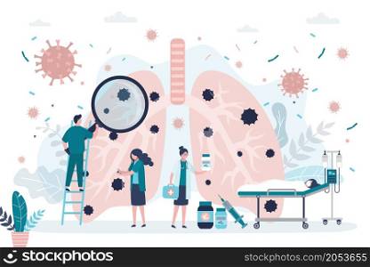 Lungs affected by pneumonia. Coronavirus attacks and causes disease. Doctor treating patient. Woman lies on bed. Pandemic Covid-19. Health problems, respiratory tract disease. Flat vector illustration. Lungs affected by pneumonia. Coronavirus attacks and causes disease. Doctor treating patient. Woman lies on bed. Pandemic Covid-19