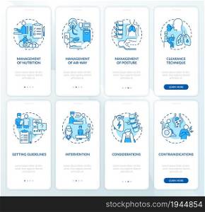 Lungs diseases recovery blue onboarding mobile app page screen set. Rehabilitation walkthrough 4 steps graphic instructions with concepts. UI, UX, GUI vector template with linear color illustrations. Lungs diseases recovery blue onboarding mobile app page screen set