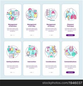 Lungs diseases recovery onboarding mobile app page screen set. Rehabilitation walkthrough 4 steps graphic instructions with concepts. UI, UX, GUI vector template with linear color illustrations. Lungs diseases recovery onboarding mobile app page screen set