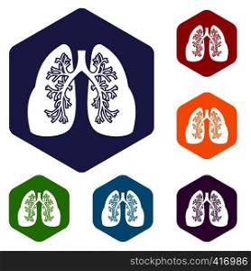 Lungs icons set rhombus in different colors isolated on white background. Lungs icons set