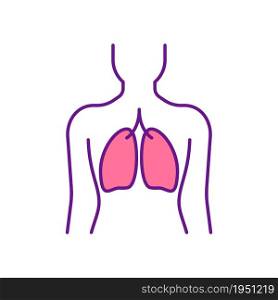 Lungs RGB color icon. Human body part. Paired organs in chest. Breathing and air moving functions. Respiratory diseases. Oxygen circulation. Isolated vector illustration. Simple filled line drawing. Lungs RGB color icon