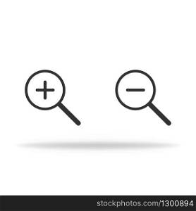 Lupe icon in miminalism. Magnifier with shadow to zoom in or zoom out. Vector EPS 10