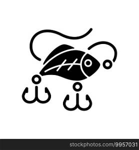 Lures black glyph icon. Wobbler bait. Fishing bait. Artificial Fishing Lure. Tournament for fisherman. Reliable hooks. Contest concept. Silhouette symbol on white space. Vector isolated illustration. Lures black glyph icon