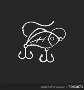 Lures chalk white icon on black background. Wobbler bait. Fishing bait. Artificial Fishing Lure. Tournament for fisherman. Reliable hooks. Contest concept. Isolated vector chalkboard illustration. Lures chalk white icon on black background