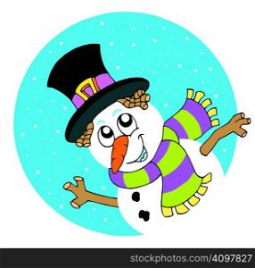 Lurking cartoon snowman - vector illustration.