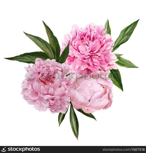 Lush pink peonies bouquet with leaves, hand drawn vector watercolor illustration