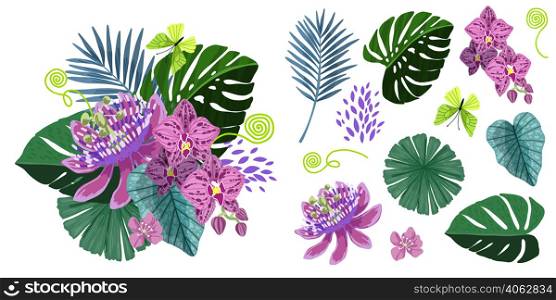 Lush tropical bouquet with orchid and passionflora flowers and leaves, hand drawn vector art