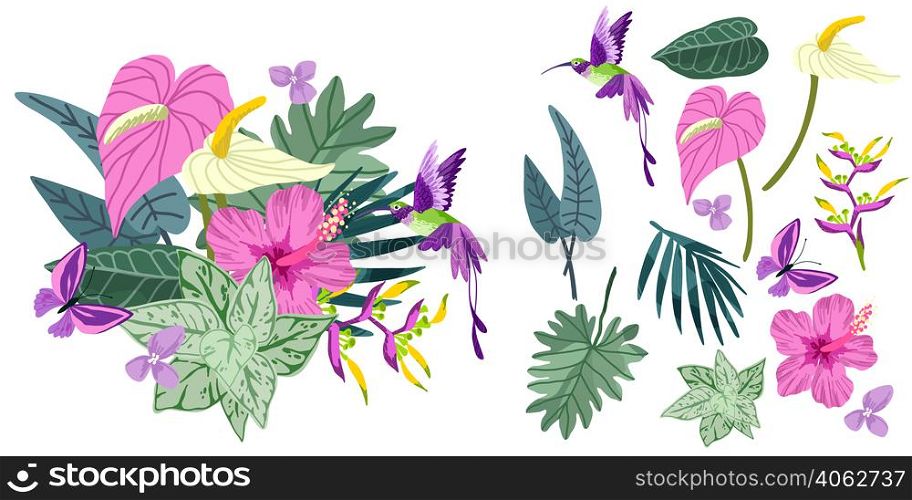 Lush tropical bouquet with pink flowers, flowers and leaves, hand drawn vector art