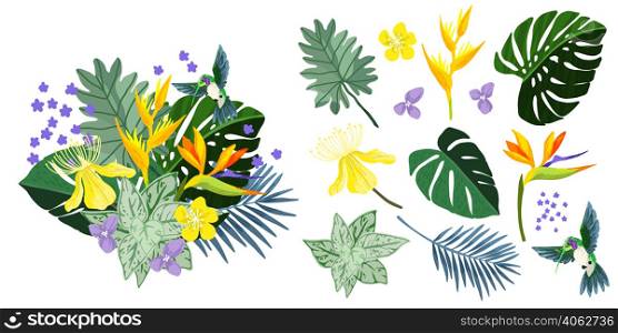 Lush tropical bouquet with yellow flowers, flowers and leaves, hand drawn vector art