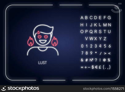 Lust neon light icon. Outer glowing effect. Passionate affection, strong sexual desire, lewdness sign with alphabet, numbers and symbols. Person feeling aroused vector isolated RGB color illustration. Lust neon light icon