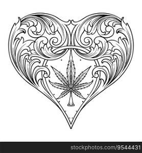 Luxurious classic heart shape flourish with marijuana leaf accent illustrations monochrome vector illustrations for your work logo, merchandise t-shirt, stickers and label designs, poster, greeting cards advertising business company or brands