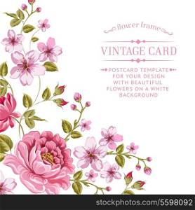 Luxurious color peony background with a vintage label. Vector illistration.